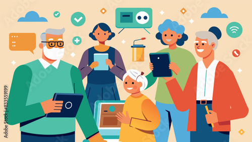At a technology fair for seniors attendees excitedly try out all the newest gadgets and learn how to integrate them into their daily lives.. Vector illustration