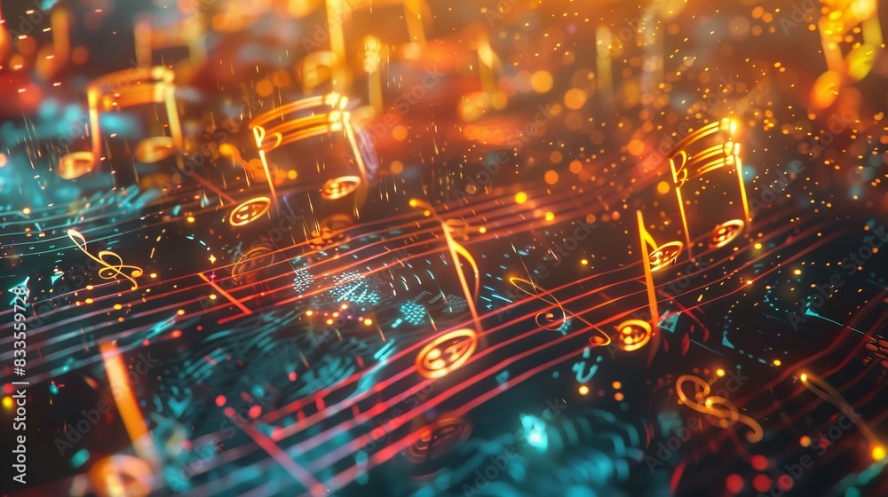 Abstract background of holographic musical notes and soundwaves with bokeh effect. Abstract background of holographic musical notes and soundwaves with bokeh effect.