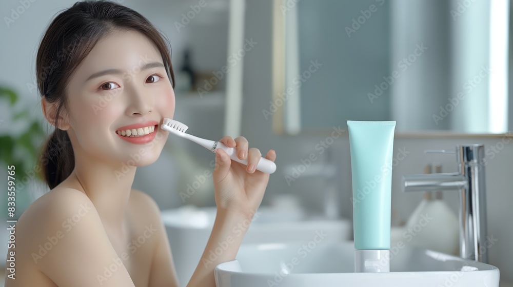 advertising photo. a beautiful Chinese woman brushes her teeth, toothpaste mockup advertising photo. a beautiful Chinese woman brushes her teeth, toothpaste mockup
