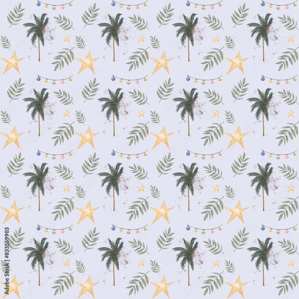 summer pattern with palm trees and stars on a blue background summer pattern with palm trees and stars on a blue background