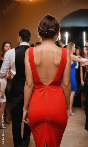 Beautiful young model woman in sexy dress with open back on luxury party. Generative AI © Vitaliy
