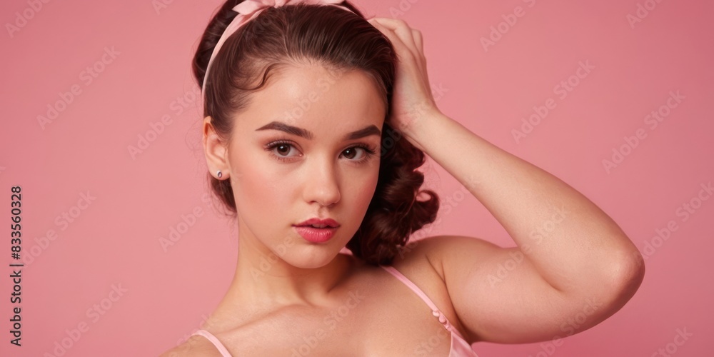 Portrait of beautiful young woman on pink background. Retro pin up style. Generative AI Portrait of beautiful young woman on pink background. Retro pin up style. Generative AI
