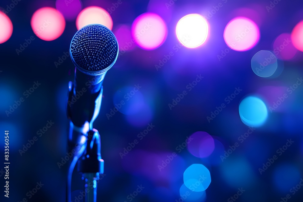 Close-up of a microphone on a stand with vibrant blue and purple stage lights in the background Close-up of a microphone on a stand with vibrant blue and purple stage lights in the background