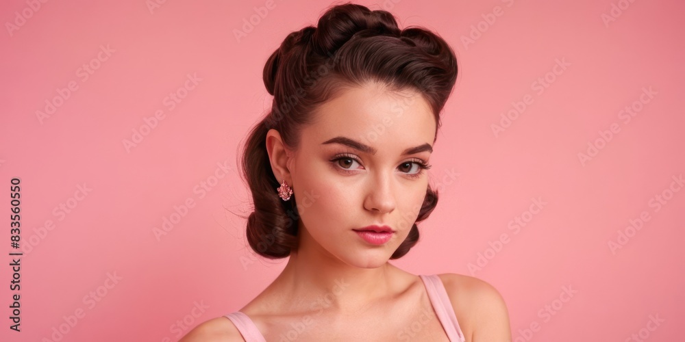 Portrait of beautiful young woman on pink background. Retro pin up style. Generative AI Portrait of beautiful young woman on pink background. Retro pin up style. Generative AI