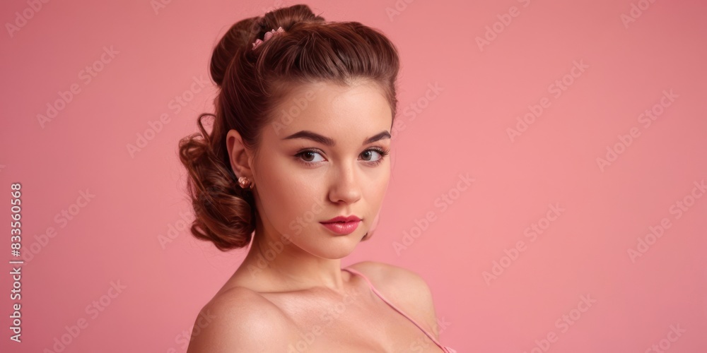 Portrait of beautiful young woman on pink background. Retro pin up style. Generative AI Portrait of beautiful young woman on pink background. Retro pin up style. Generative AI