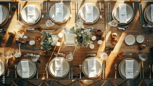 An aerial view of a wedding banquet table beautifully set with elegant tableware, floral centerpieces, and warm lighting, creating a sophisticated and inviting atmosphere for a special celebration photo