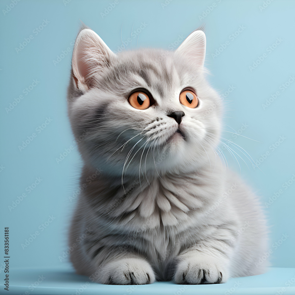 Cute british shorthair cat sitting on blue background.