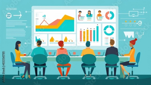 Corporate business team meeting to discuss and analyze customer feedback data market trends and other key information using a digital dashboard presentation with charts graphs and analytics