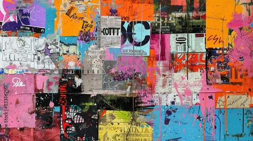 Vibrant collage of layered street art and graffiti symbols with a chaotic mix of colors patterns and urban inspired elements blending together in an abstract and dynamic composition