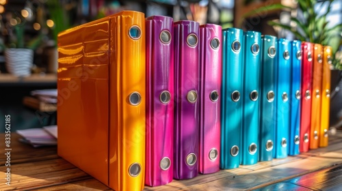 Multicolored new segregator folders stand on a shelf in a modern office