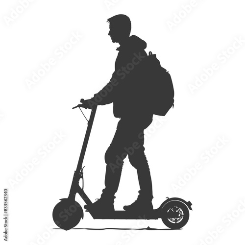 Scooter Silhouette: Backpacker on Electric Kick Scooter, Urban Commute.
