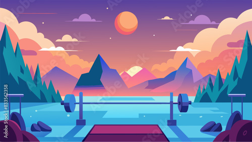 The virtual gym is set in a breathtaking landscape providing a serene atmosphere for the lifter to focus on their training.. Vector illustration