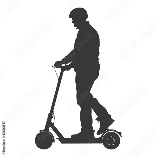 Silhouetted Man Riding Electric Scooter, Helmeted Commuter, Isolated.