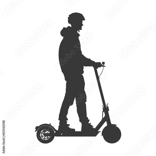 Electric Scooter Rider Silhouette: Helmeted, Hooded Figure on White.