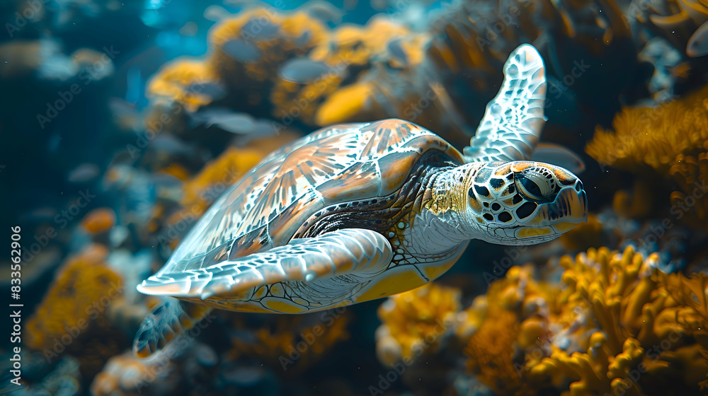 Fototapeta premium A nature coral reef scene with a sea turtle swimming gracefully among the corals