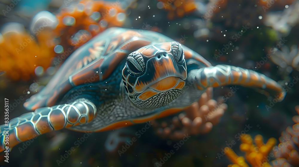 A nature coral reef scene with a sea turtle swimming gracefully among the corals A nature coral reef scene with a sea turtle swimming gracefully among the corals