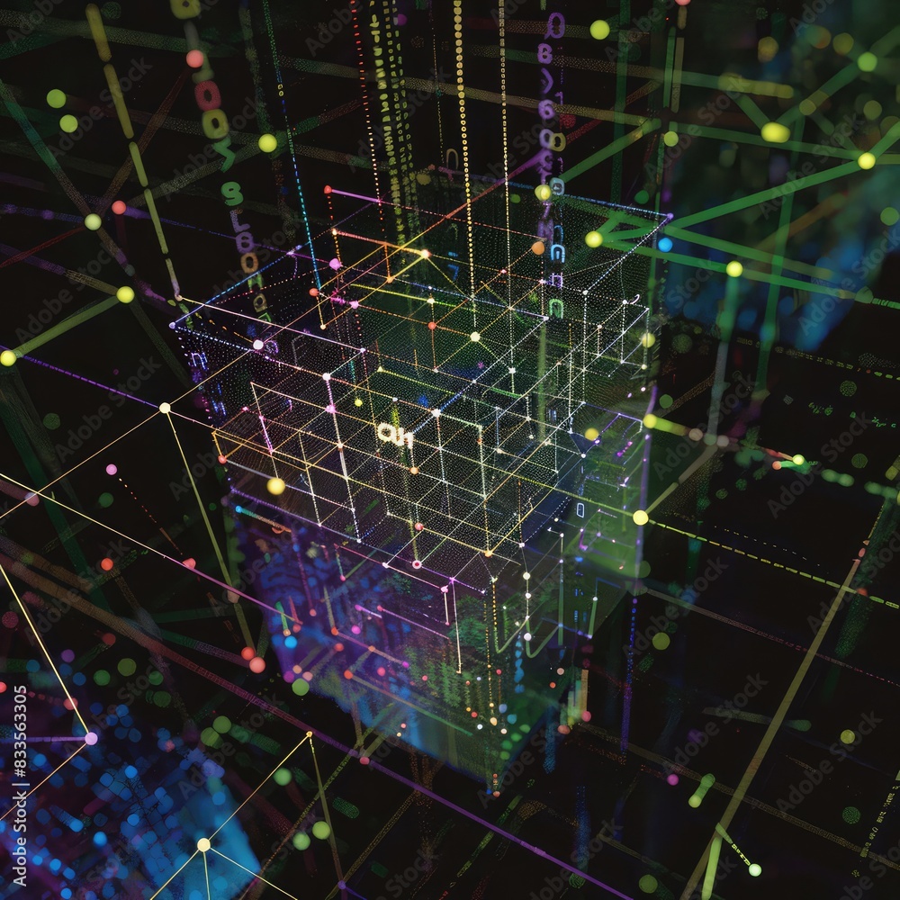 Fototapeta premium Abstract digital art, colorful geometric pattern, futuristic network, vibrant matrix design, technology inspired image, high-tech artwork