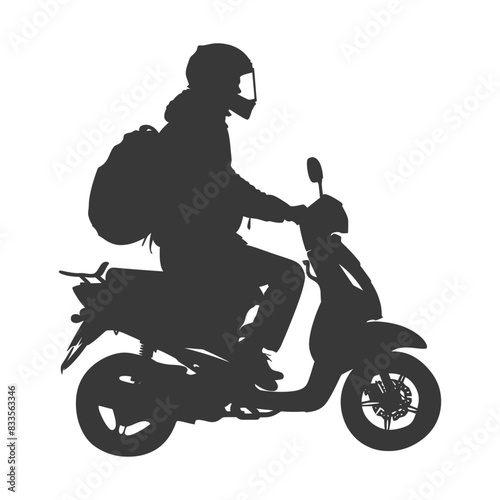 Scooter Silhouette: Helmeted Rider with Backpack, Urban Commute Icon.