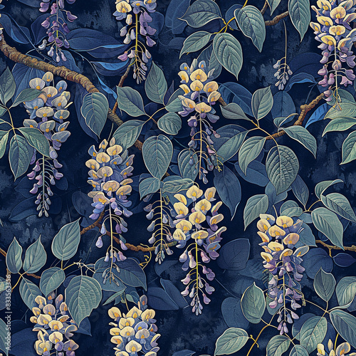 Seamless repetitive nature background of beautiful wisteria flowers, vintage style