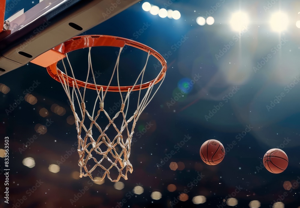 Making a basket in basketball as the ball goes through the hoop and swishes through the net. Making a basket in basketball as the ball goes through the hoop and swishes through the net.