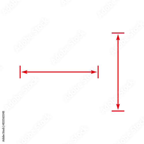 Long double red arrow. Thin straight dual arrows with size. Vector Illustration. 
