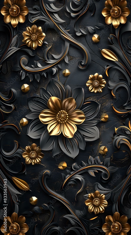 3D rendering of golden flowers on a black background