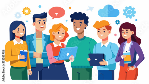 A group of young ambitious entrepreneurs eagerly interacting with customers and promoting their brands.. Vector illustration