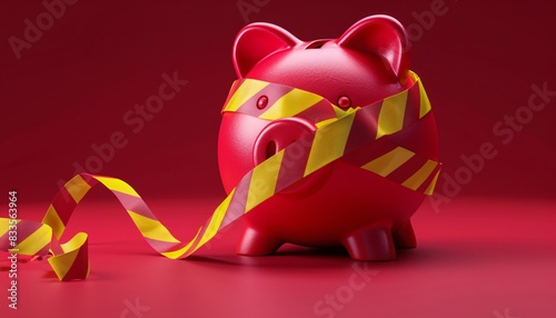Piggy Bank with Caution Tape Financial Fraud Concept photo