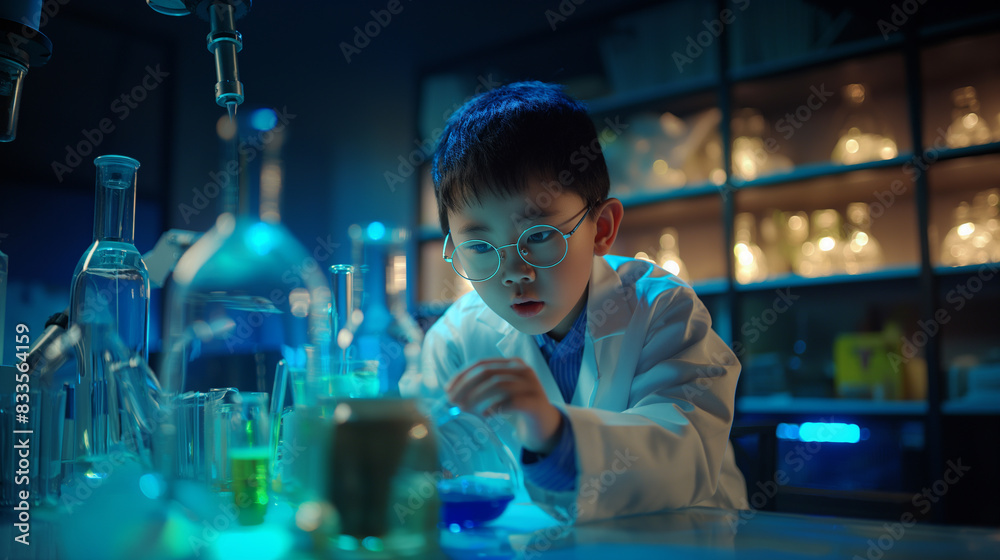 futuristic asian kid scientist in modern scientific lab setting, in the style of darkest academia, wide angle photography, in the style of light teal and orange, futurist dynamic movement , copy space futuristic asian kid scientist in modern scientific lab setting, in the style of darkest academia, wide angle photography, in the style of light teal and orange, futurist dynamic movement , copy space
