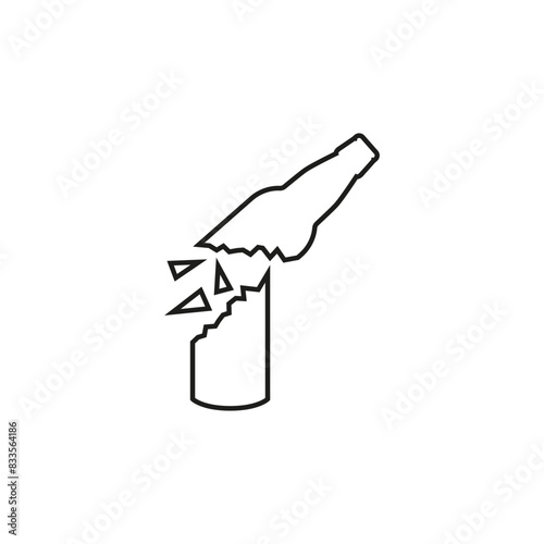 Broken beer glass bottle with glass shards and fragments. Isolated vector illustration in line and outline style.