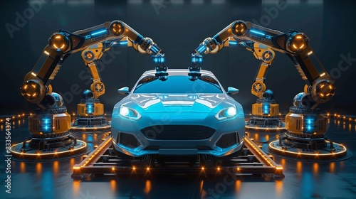 Automated assembly line with robotic arm for the production of high-tech green energy electric vehicles. Vehicle production