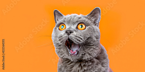 Grey cat with surprised expression against an orange background.