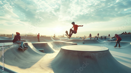 Group of people riding skateboards at a skate park