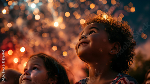 Children watching fireworks in the sky photo