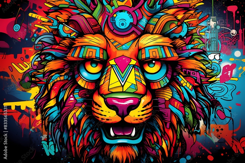 doodle background design, colorful lion graffiti art
