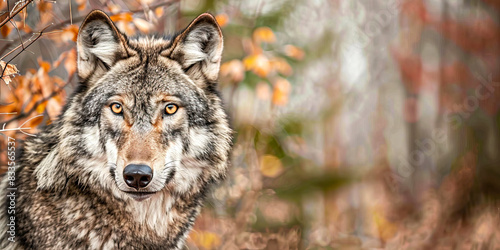 Grey wolf with intense yellow eyes  autumn leaves.