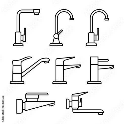 Water tap and faucet icon set. Outline vector on a white background.