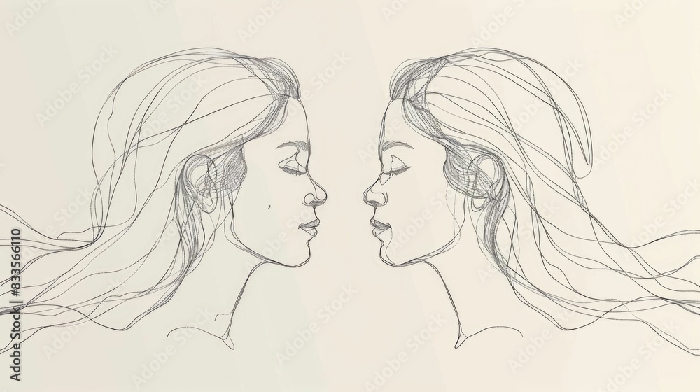 Continuous line of two stylized female profiles facing each other depicting the bond and emotional connection of friendship in a minimalist style Continuous line of two stylized female profiles facing each other depicting the bond and emotional connection of friendship in a minimalist style
