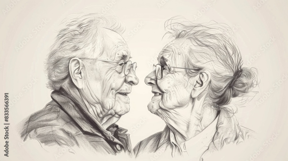 Fototapeta premium Enduring Love and Companionship in Old Age Hand Drawn of an Elderly Couple Sharing a Tender Moment Showcasing the Beauty and Wisdom of a Lifetime of Partnership