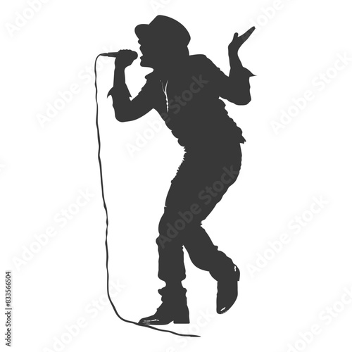 Silhouette of a Dynamic Singer with Hat, Corded Microphone, and Expressive Gesture.