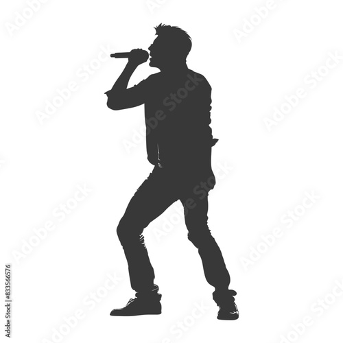 Silhouette of Passionate Male Singer with Microphone, Energetic Performance.