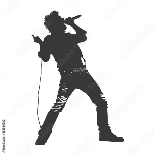 Rock Star Silhouette: Leather, Belt, Mic, Energetic Performance, Isolated.