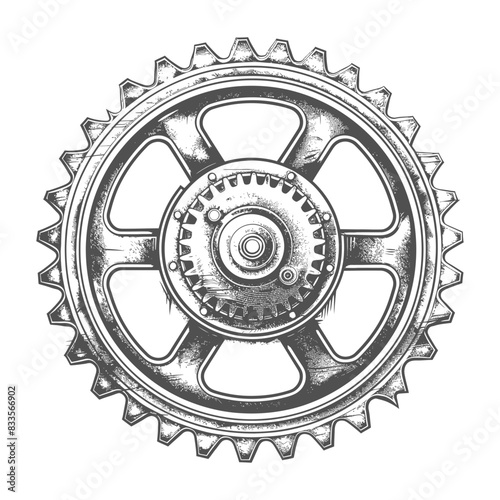 Intricate Gear Engraving: Detailed Machine Element, Vintage Style Illustration.