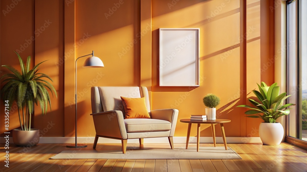 Fototapeta premium a rendering of a living room with a chair and a picture frame, poster composition, poster art style, poster background, living room wall background, poster style, realistic shaded lighting poster