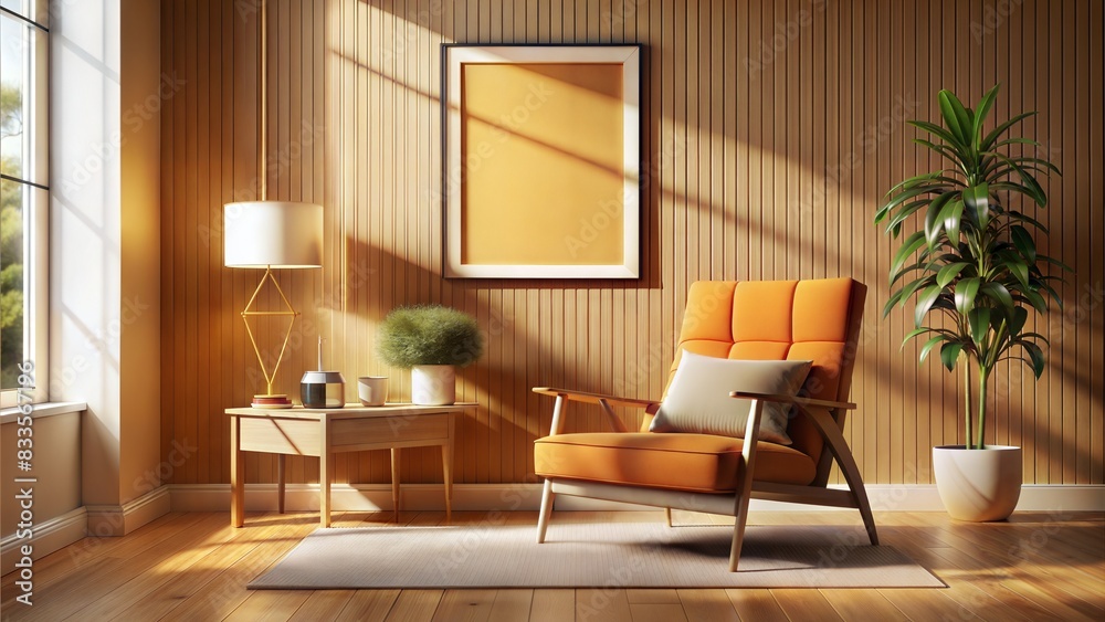 Fototapeta premium a rendering of a living room with a chair and a picture frame, poster composition, poster art style, poster background, living room wall background, poster style, realistic shaded lighting poster