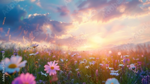 beautiful sun drenched spring summer meadow natural colorful panoramic landscape with many wild flowers of daisies against bright orange sun in sunset sky 