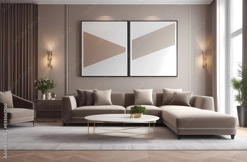 Luxurious living room in beige color. Brown and gray accents in the interior design of the room. Large sofas for relaxing. Cozy house.