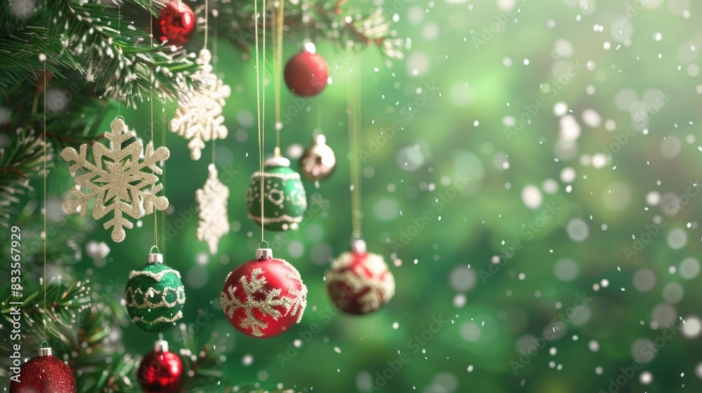 Naklejka premium Elegant Christmas Ornaments Hanging on Green Background with Snowflakes and Pine Branches