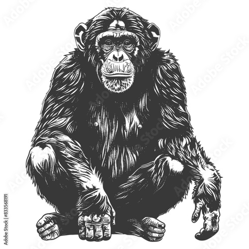 Engraved Chimpanzee: Crouching Primate, Detailed Black and White Illustration.