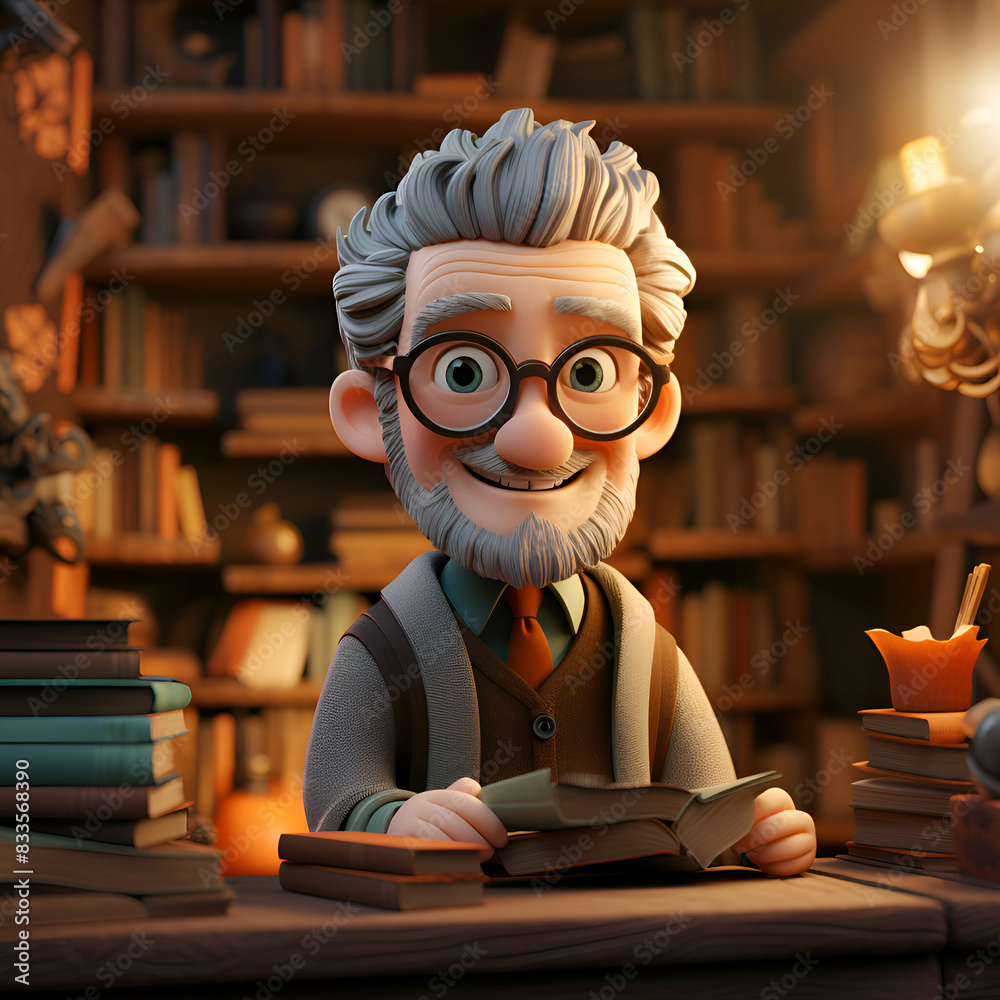 3D illustration of a cartoon character sitting at a table with books.